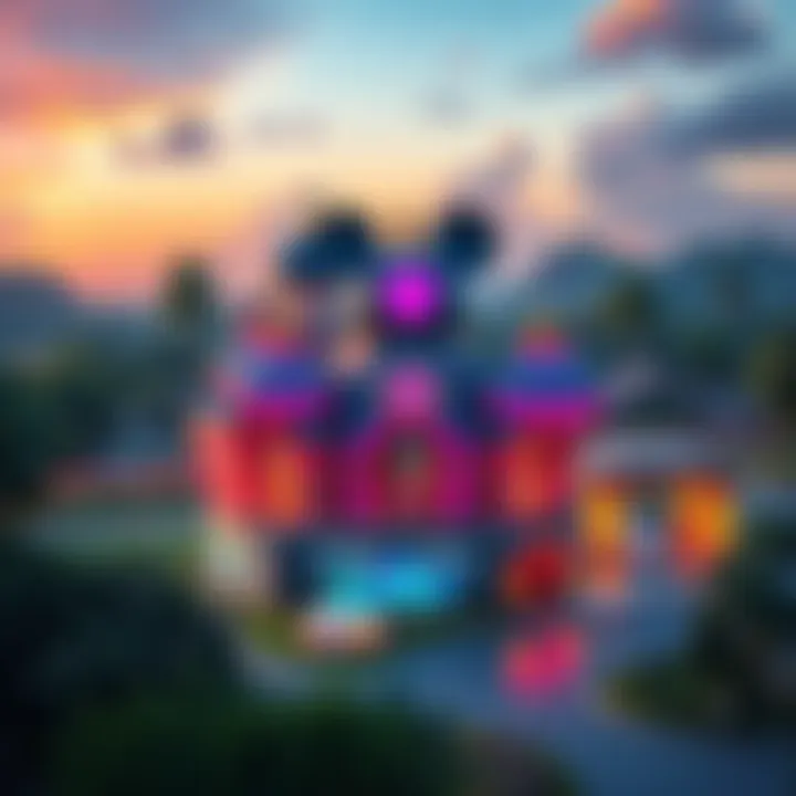 A colorful representation of Mickey's Domain featuring its various interactive features and services for users in 2025, showcasing a vibrant digital landscape with engaging elements.