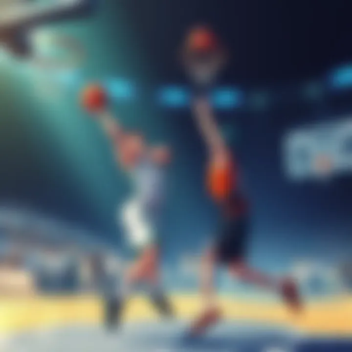 Midorima shoots a formless shot while Aomine prepares for a long-range three-pointer in a one-on-one basketball game