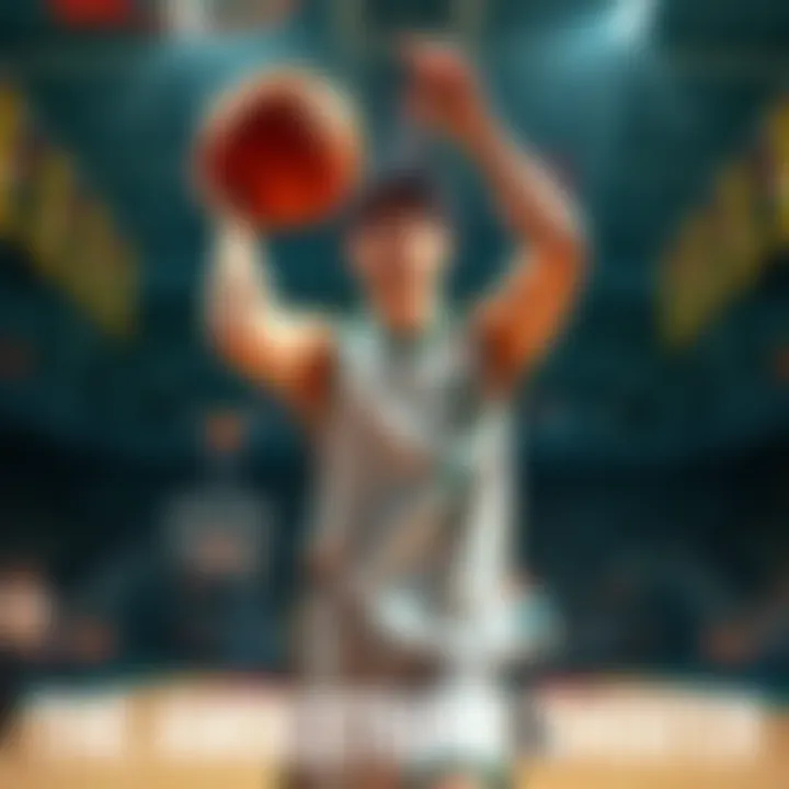 Midorima is portrayed shooting a basketball using both hands, showcasing his ambidextrous skills on the court with a focused expression.