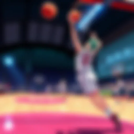 Midorima takes a shot on the court as Kuroko prepares to make a pass, both players showcasing their basketball skills in a game setting