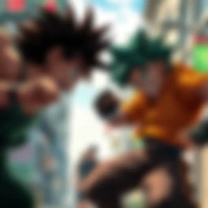 Midoriya and Chad face off in an intense street fight, showcasing their fighting stances and determination.