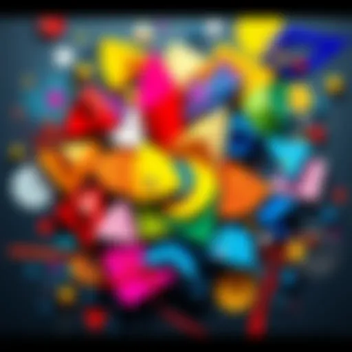 A colorful abstract artwork by Migo, showcasing various shapes and layers that represent complex themes in modern art.