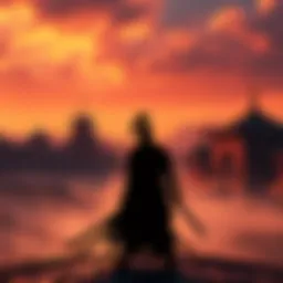 Mihawk's Absence in Wano A silhouette of Mihawk with a sword, standing against a backdrop of Wano's cultural landscape, symbolizing his absence from the warrior land.