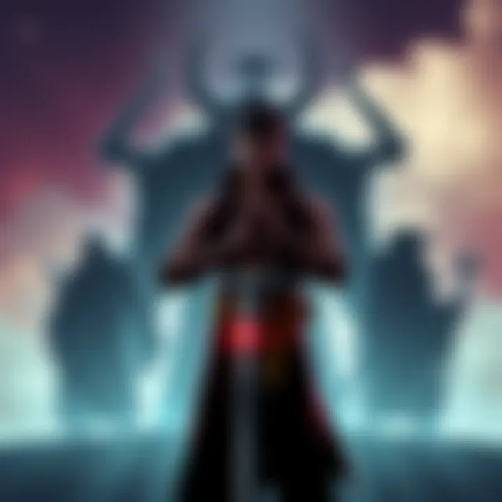 Mihawk stands confidently with his sword, facing silhouettes of Shanks, Kaido, and Big Mom in the background, symbolizing a power struggle.