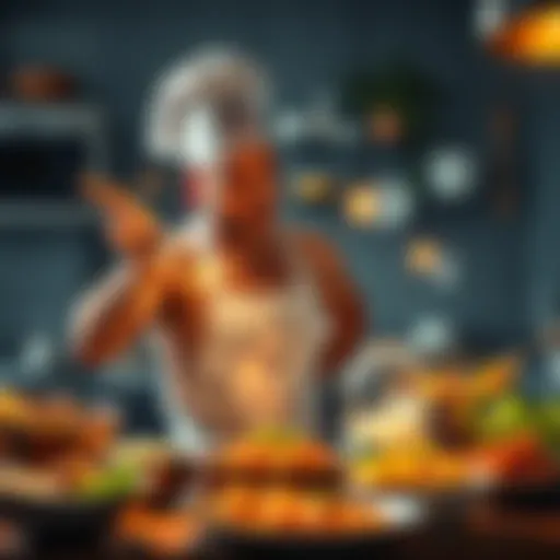 Mihawk demonstrating his cooking skills with a variety of dishes, challenging Shanks' reputation, in a lively kitchen setting.