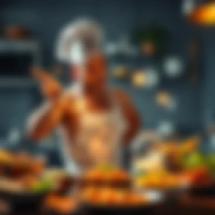 Mihawk demonstrating his cooking skills with a variety of dishes, challenging Shanks' reputation, in a lively kitchen setting.