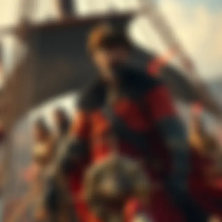 Mihawk stands confidently at the helm of a ship, flanked by two other warlords, with their forces ready for battle in the background.