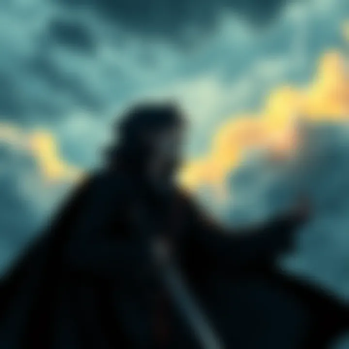 A character resembling Mihawk, dressed in a dark coat and holding a sword, looks contemplative against a stormy sky, symbolizing internal conflict.