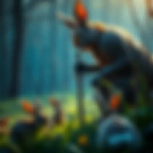 Mihawk hunting rabbits in a forest Mihawk with a sword in a forest, observing rabbits in the grass