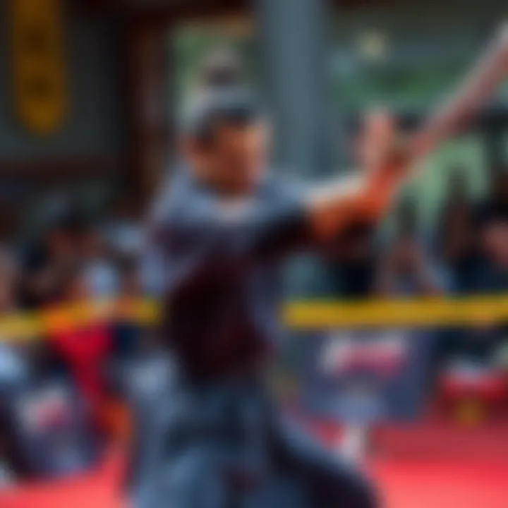 Mihawk showcasing exceptional swordsmanship in a dramatic pose, surrounded by a blurred background of training equipment and spectators.