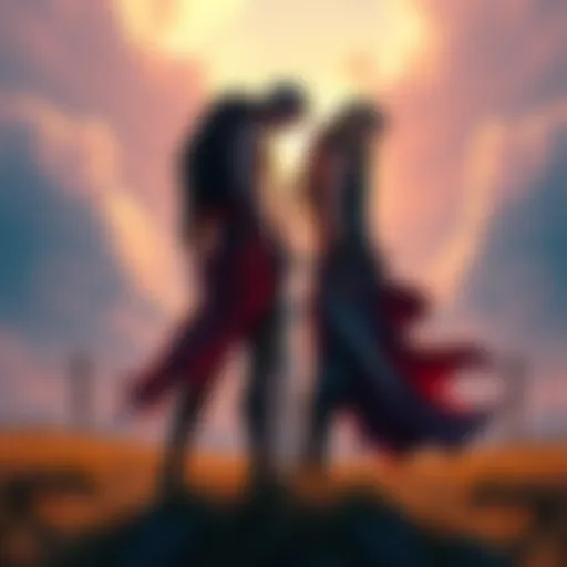 Mihawk stands confidently with a sword, while Shanks looks on from a distance, both displaying their strength and rivalry in a dramatic landscape.