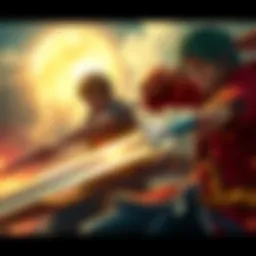 Mihawk and Zoro engaged in an intense sword battle, showcasing their skills with swords drawn and ready to strike.