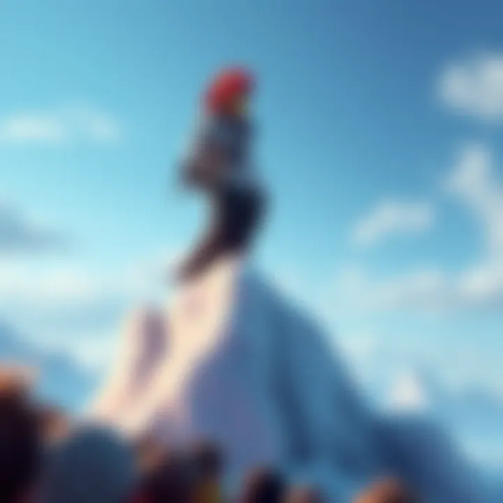 Mihawk's Iceberg Feat A character resembling Mihawk stands confidently on a large iceberg, sword in hand, while fans react with laughter in the background.