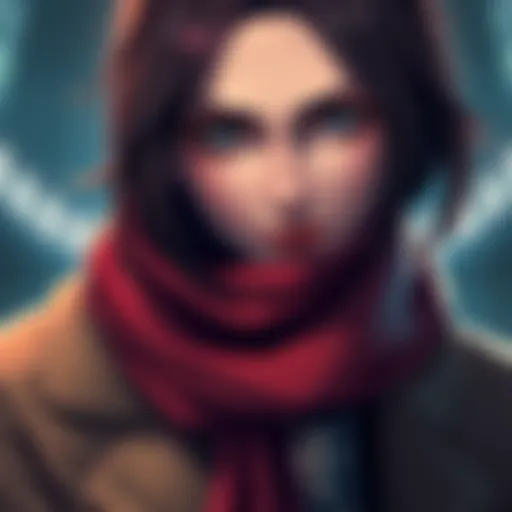 A cosplayer dressed as Mikasa Ackerman from Attack on Titan, showing the detailed scarf and costume elements.