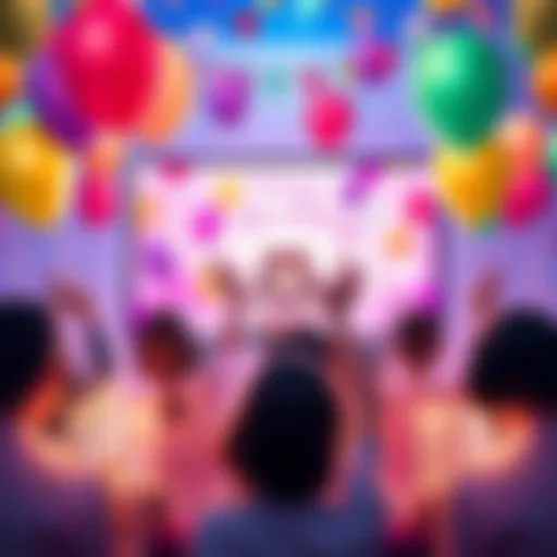 A colorful birthday party scene with balloons, cakes, and people cheering for Miko on screen during the live stream event.