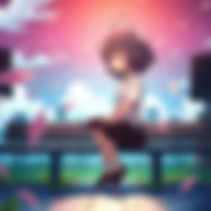 Mikoto-chan sitting on a bench, looking thoughtful and concerned about her self-worth, with a gentle breeze blowing her hair