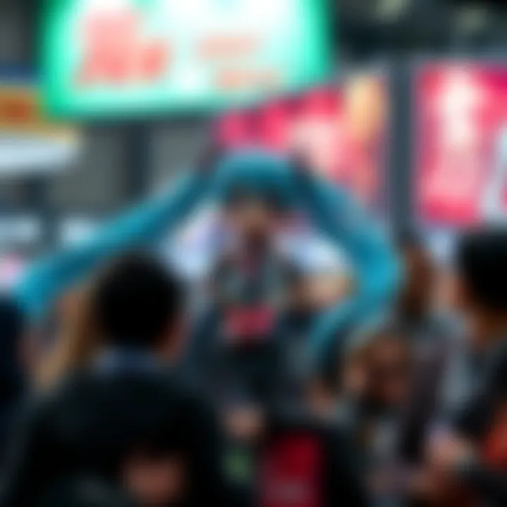A colorful Miku doll displayed at a convention booth, surrounded by eager collectors examining it.
