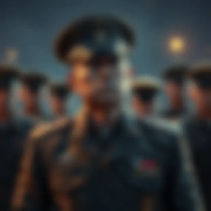 A military general standing with a stern look, contemplating a tough decision, with soldiers in the background looking concerned.