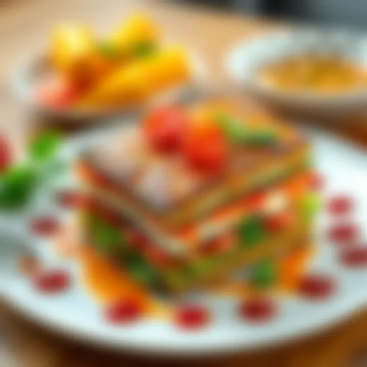 A colorful plate of Millefeuille Ratatouille featuring layers of vegetables and sauce, beautifully arranged for a gourmet experience.