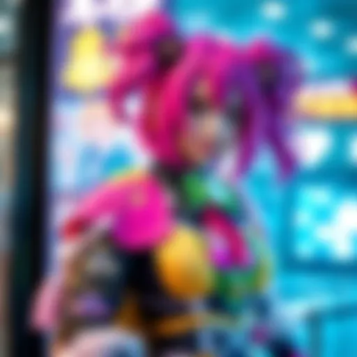 A person dressed in a colorful Mina Ashiro costume, showcasing detailed elements and accessories, embodying the character at a cosplay event.