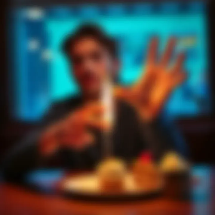 A person sitting at a table looking conflicted, with one hand reaching for a dessert while the other hand is pulling away. The expression shows a struggle between mental decision and physical desire.