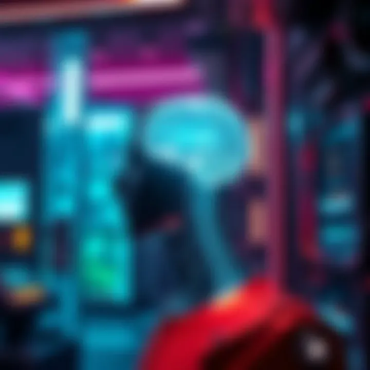 A futuristic scene showing a person uploading their mind into a new digital body in a Cyberpunk setting, with neon lights and advanced technology in the background.