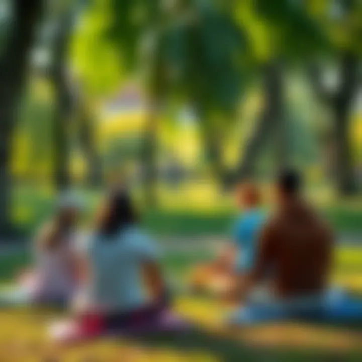 People practicing mindfulness in a park A group of people sitting in a park, engaging in mindfulness exercises, surrounded by nature
