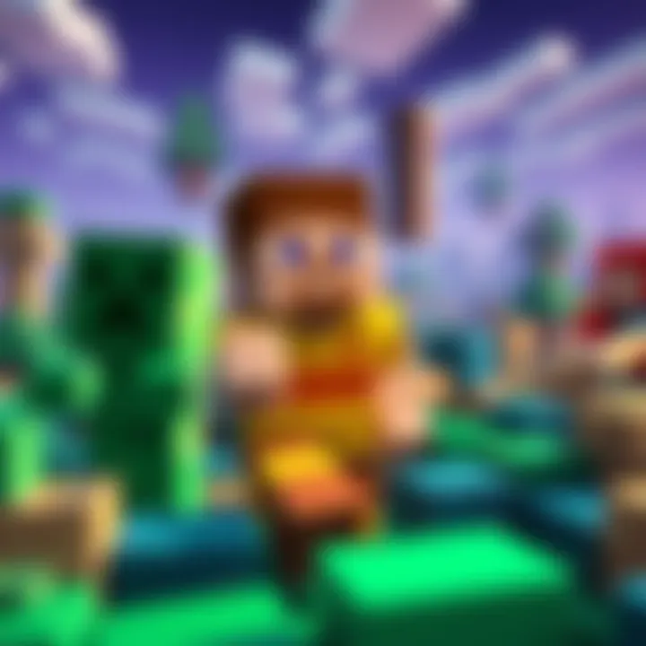 Minecraft characters, including Steve and a Creeper, exploring a pixelated landscape filled with blocks and structures, showcasing the game's creativity.