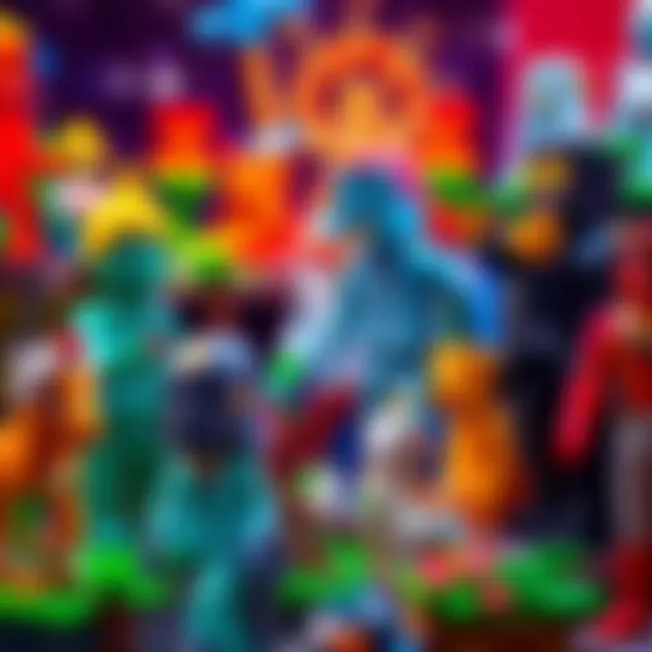 Colorful Minecraft statues built by players, showcasing various creative designs in a vibrant environment.