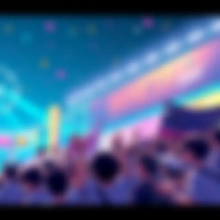 A colorful celebration scene with fans showing their support for Mineta, holding banners and enjoying the event.