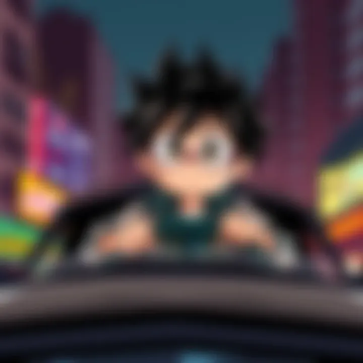 A cartoon character resembling Mineta from My Hero Academia driving a car in a chaotic city setting, inspired by Grand Theft Auto: San Andreas.