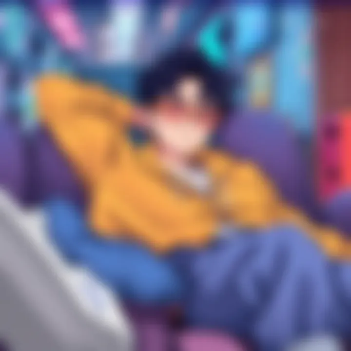 Mineta lounging in a relaxed pose, wearing casual clothes with a laid-back smile, surrounded by a chill atmosphere.