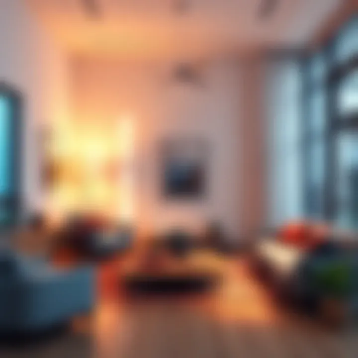 A simple, clean living room with minimal furniture and warm lighting, showcasing tranquility and simplicity.