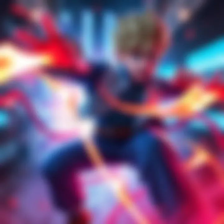 Mirio using One For All in a powerful combat stance, showcasing enhanced strength and agility