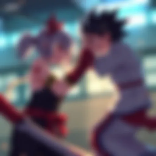 Miruko and Deku facing off in a training session, showcasing their unique fighting styles, with Deku showing signs of injury and determination.