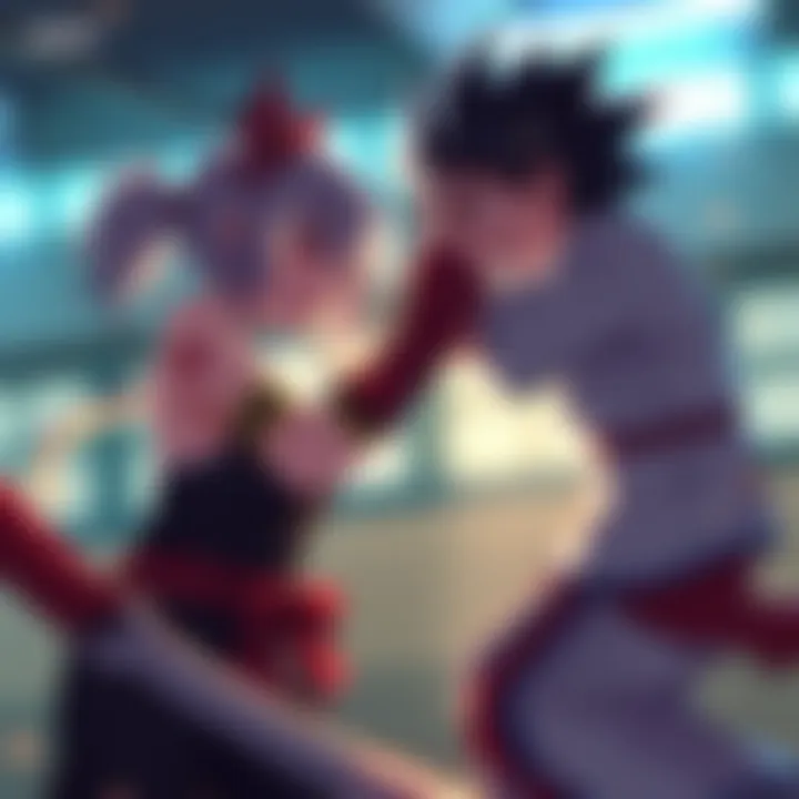Miruko and Deku facing off in a training session, showcasing their unique fighting styles, with Deku showing signs of injury and determination.