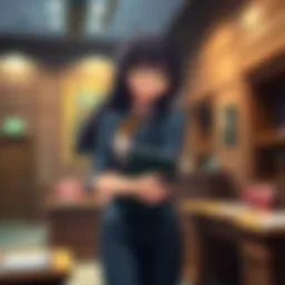Misa standing confidently in a courtroom, holding a law book, looking determined and focused on justice instead of vengeance.