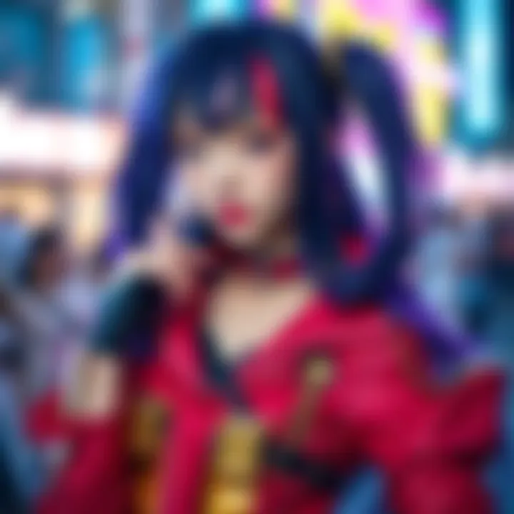 A cosplayer dressed as Misato showcasing a detailed costume with vibrant colors and accessories.
