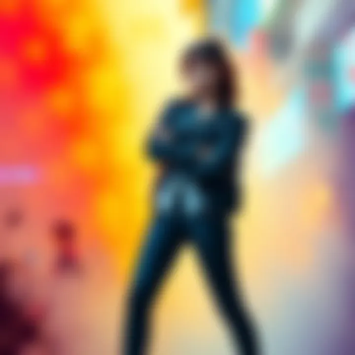 Misato stands confidently, showcasing her strong presence and unique style, surrounded by vibrant colors that reflect her creativity.