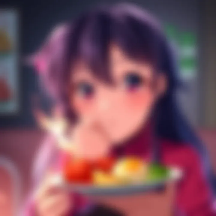 A character named Misato holding a plate of food with a thoughtful expression, inviting someone to taste it