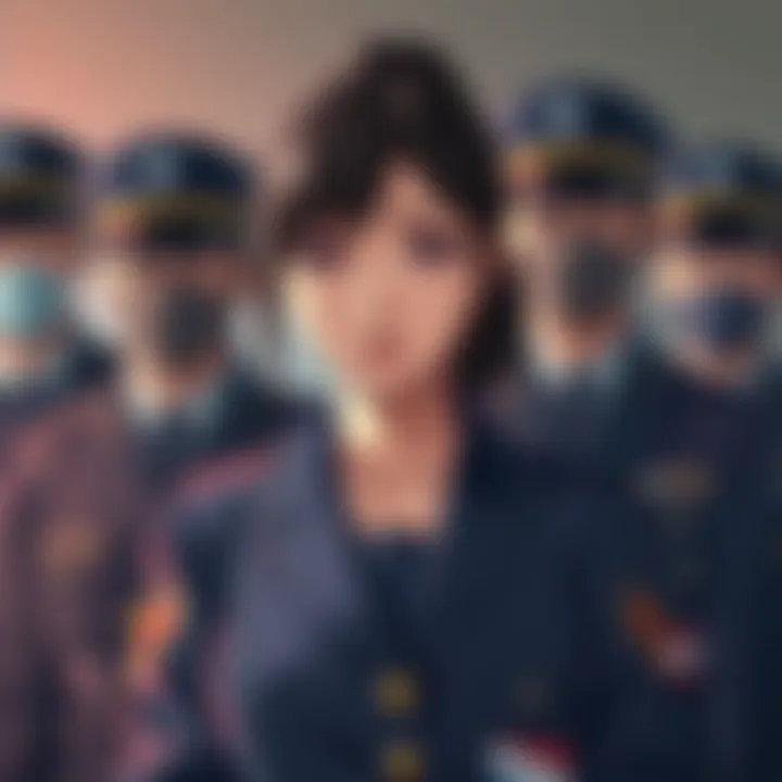 Misato stands before stern JSSDF officials, showing concern on her face, highlighting the gravity of her situation.