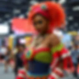 Miss All Sunday wearing a colorful crochet cosplay outfit at comicon, showcasing her unique style and creativity