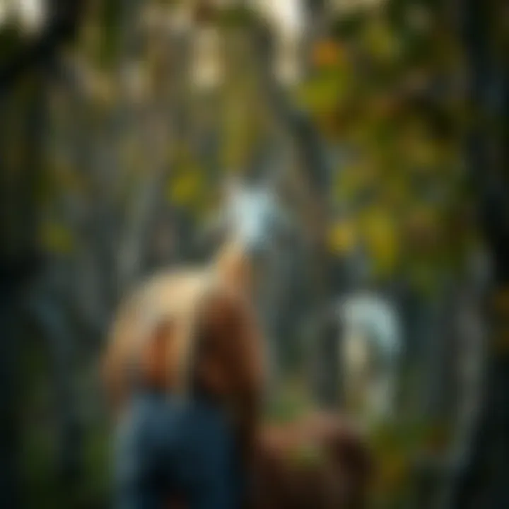 A concerned farmer searches for a goat among the trees on the farm