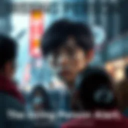 A photo of Iori, a young person with dark hair, looking concerned, against a blurred urban background. People are gathered around, discussing in the foreground.