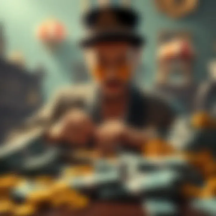 Mister Popo sitting at a table with stacks of cash and gold coins around him