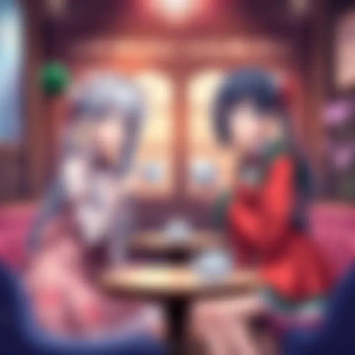 Mitsuri and Obanai dressed in vibrant cosplay outfits, enjoying tea in a charming teahouse setting