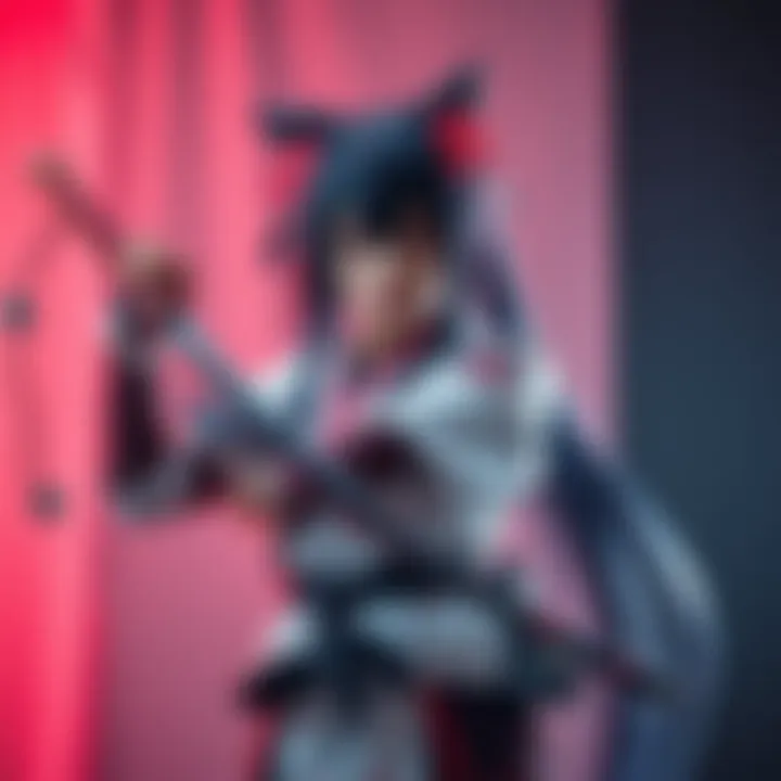 A person dressed as Mitsuri holding a flexible eva-foam katana, showcasing the costume and weapon design.