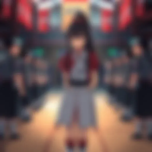 Mitsuri stands confidently in a training arena, surrounded by male Hashira members, showcasing her determination and strength as the only female participant.