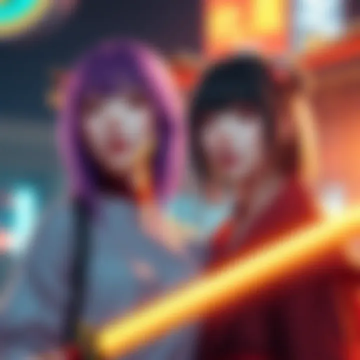 Miwa and Katana User Miwa and a katana user stand side by side, sharing similar hair color and bangs, in a vibrant setting.