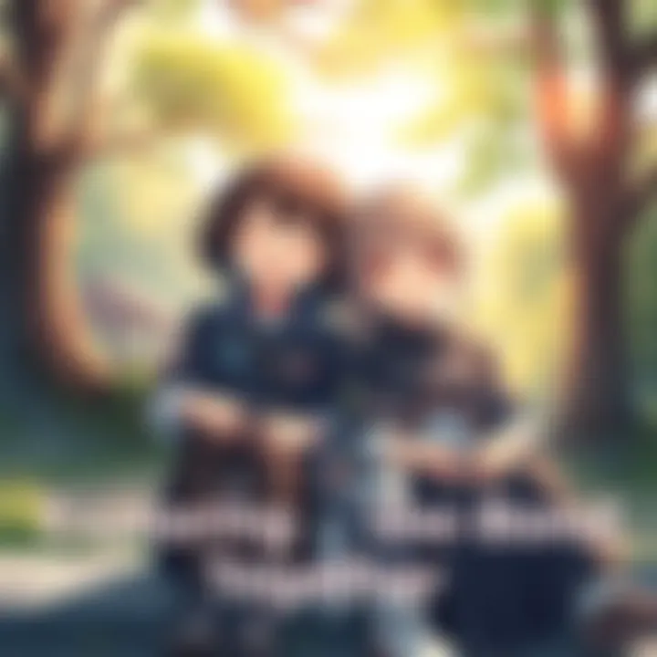 Miwa and Mechamaru sitting side by side, sharing a moment of connection with smiles on their faces. The background shows a peaceful outdoor setting.